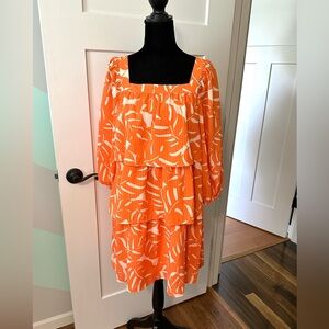 WHO WHAT WEAR Dress Women's Size XS S Orange Puff Sleeve Tiered Ruffle Bright